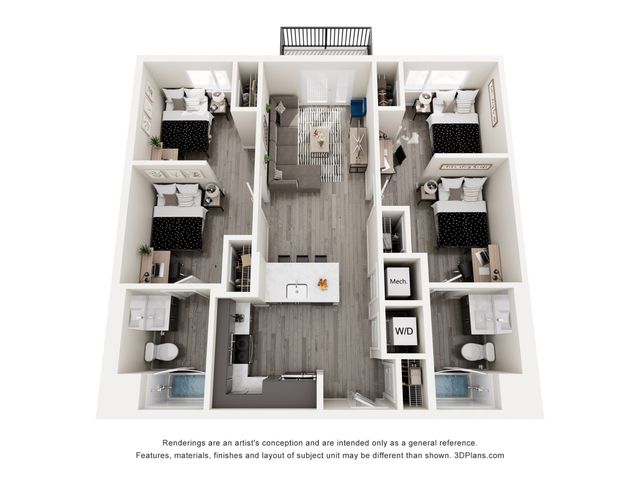 Modern 3D floor plan showcasing two double occupancy bedrooms, cozy living area, sleek kitchen, and two bathrooms, enhanced by elegant finishes.