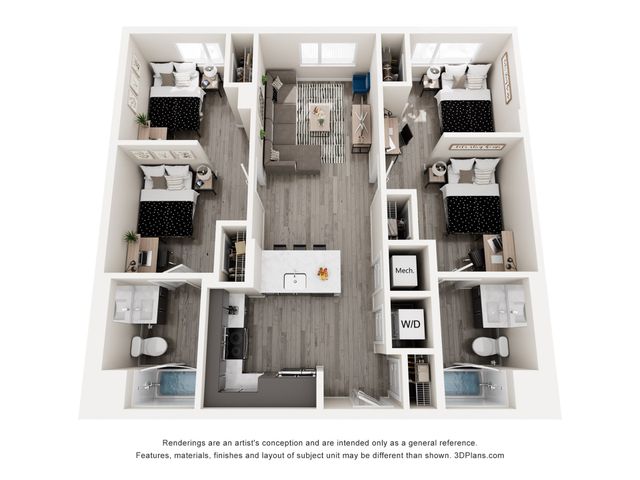Spacious 3D floor plan showcasing two double occupancy bedrooms, modern open living area, sleek kitchen, and two elegant bathrooms with stylish decor.