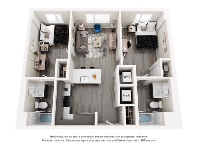 Modern 3D floor plan with 2 bedrooms, a stylish open-concept living area, sleek kitchen island, and dual bathrooms offering comfort and convenience.