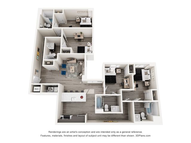 Contemporary 3D floor plan showcasing a spacious apartment with 4 bedrooms, modern kitchen, elegant living area, and 4 stylish bathrooms.