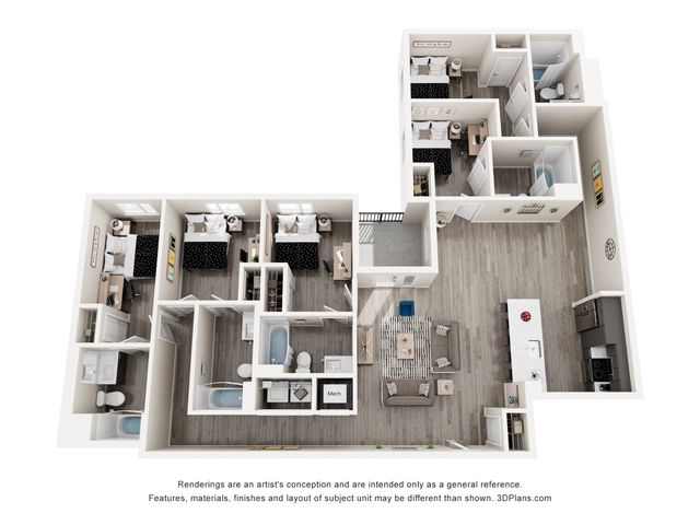 Modern 3D floor plan showcasing 5 bedrooms, 2 bathrooms, an open living area, and a sleek kitchen with an island, perfect for stylish urban living.