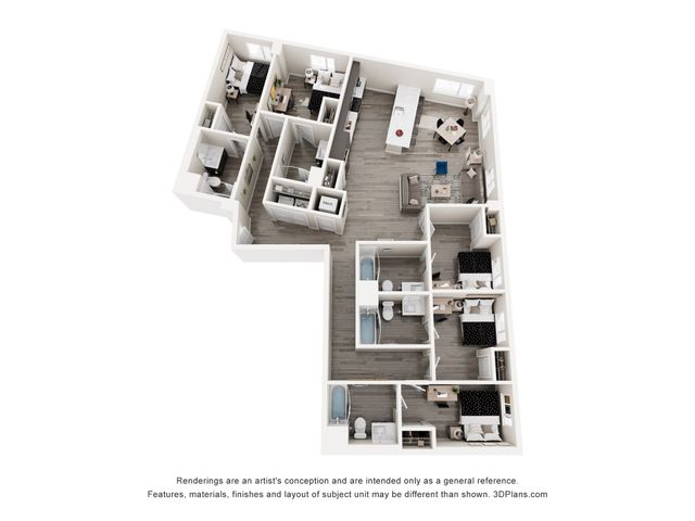 Modern 3D floor plan showcasing 5 bedrooms, an open-concept living room with stylish kitchen, and bathrooms with sleek design.