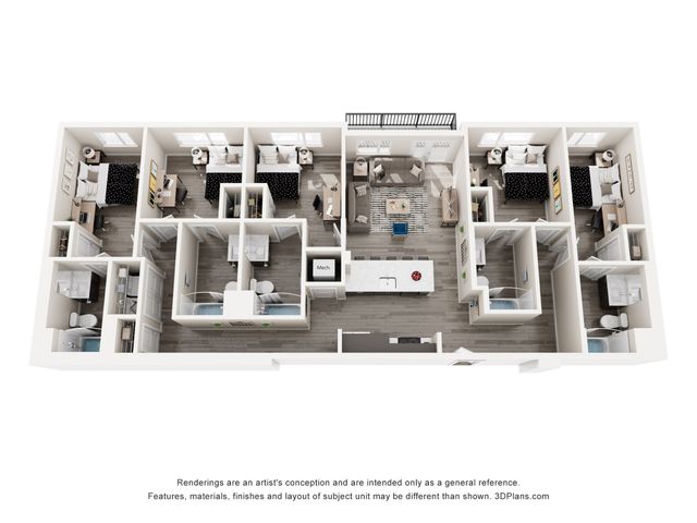 Modern 3D floor plan showcasing 5 spacious bedrooms, elegant living room, and stylish open-concept kitchen with premium finishes.