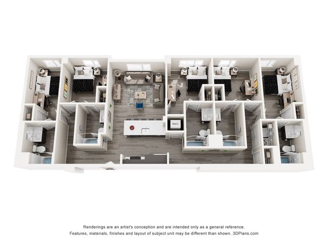 Elegant 3D floor plan showcasing five spacious bedrooms, a modern open-concept living area, and a sleek kitchen with central island.