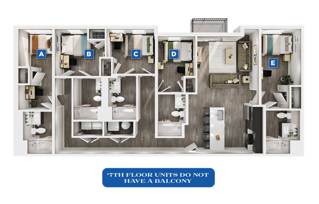 Modern 5-bedroom apartment floor plan featuring open living and dining area, sleek kitchen, multiple bathrooms, and stylish finishes.