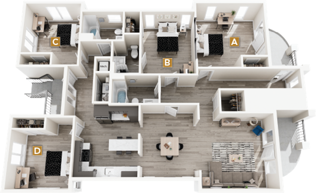 Contemporary 3D floor plan featuring four bedrooms, two bathrooms, an open-concept kitchen and dining area, and a cozy living room with balcony access.