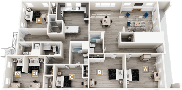 Elegant floor plan showcasing a spacious apartment with five bedrooms, open-concept kitchen, and a modern living area, beautifully designed for comfort and style.