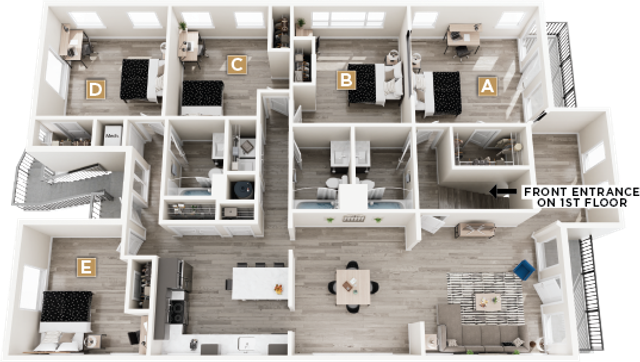 Spacious multi-bedroom apartment floor plan with open living area, modern kitchen, and dedicated dining space, perfect for family living.