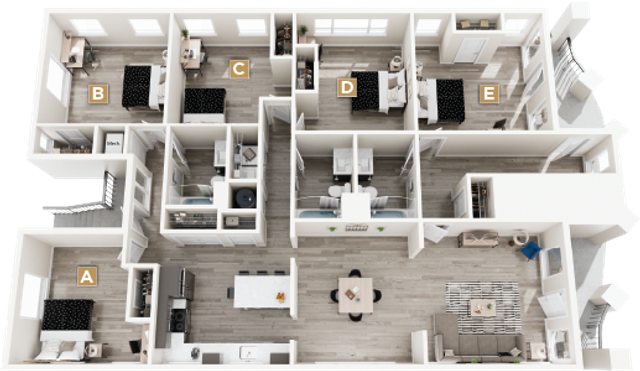 Modern, spacious floor plan featuring five bedrooms, a sleek kitchen, and an inviting open living and dining area.