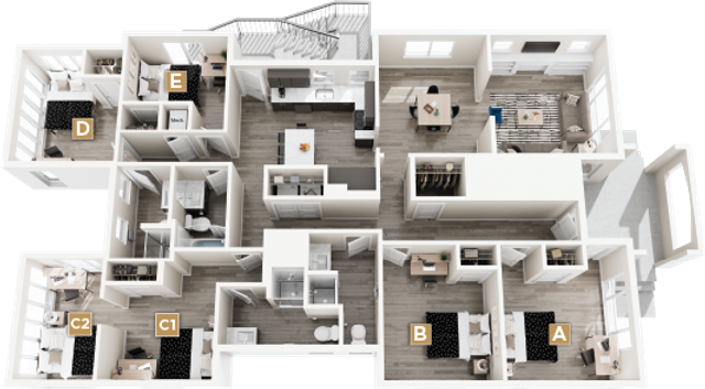 Expansive floor plan showcasing five bedrooms, modern kitchen, and inviting open-concept living space. Ideal for spacious comfort and contemporary living.