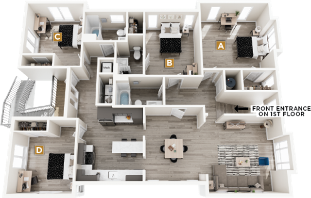 Modern 2D floor plan showcasing 4 bedrooms, spacious open-concept living and dining area, and a sleek kitchen layout.