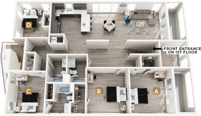 Modern apartment floor plan featuring four stylish bedrooms, a spacious open-concept kitchen and living area, and two contemporary bathrooms. Highlights include a sleek dining area and expansive windows for natural light.
