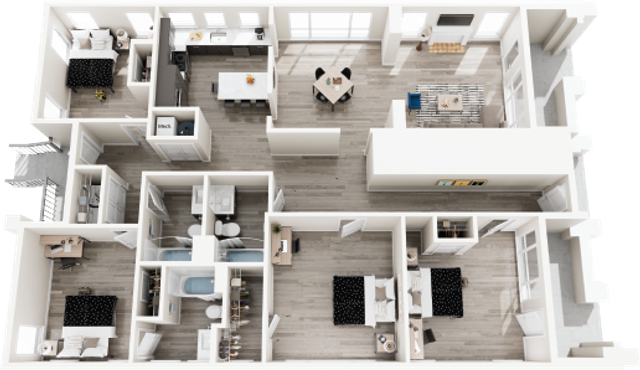 Modern and spacious floor plan showcasing 3 bedrooms, 2 bathrooms, a sleek kitchen, and an open-concept living and dining area with ample natural light.