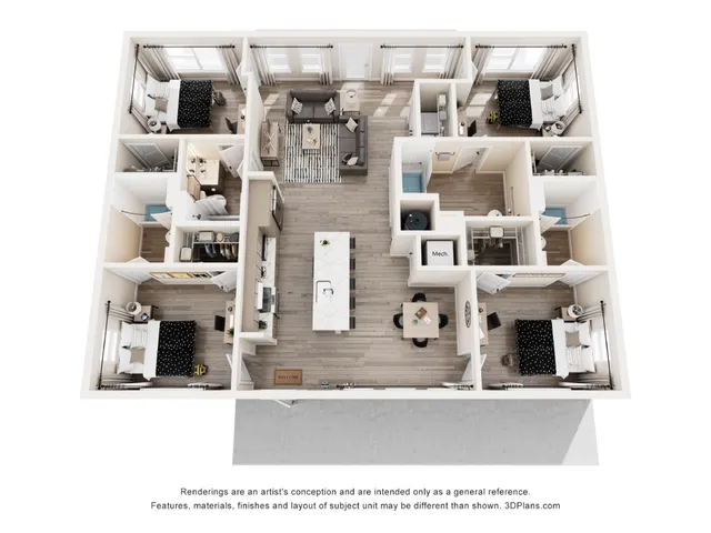 Modern 3D floor plan showcasing a chic apartment with 3 bedrooms, 2 bathrooms, open-concept kitchen, and inviting living area.