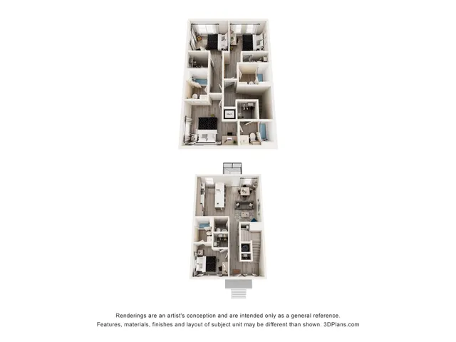 Modern 3D floor plan showcasing a chic two-level apartment with 4 bedrooms, spacious living area, and contemporary kitchen.