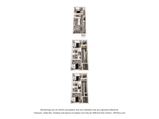 Elegant multi-level floor plan showcasing three-unit layouts, each with modern kitchens, cozy living spaces, and well-designed bedrooms. Ideal for contemporary living.