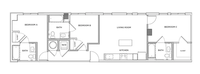 Modern floor plan showcasing three spacious bedrooms, two elegant baths, and an open-concept living room with adjacent kitchen for luxurious living.