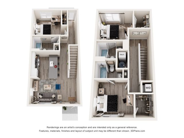 Modern townhouse floor plan showcasing a stylish two-level layout with 3 bedrooms, an open kitchen with island, cozy living area, and convenient upstairs utilities.