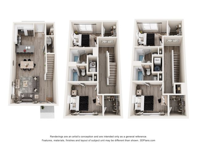 Charming multi-level 3D floor plan with a spacious open kitchen, cozy living area, two modern bathrooms, and three well-lit bedrooms.