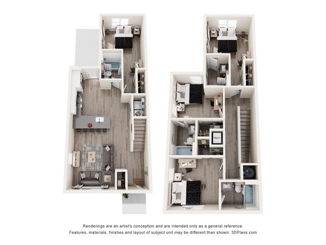 Chic two-level floor plan featuring four bedrooms, modern open-concept living and dining area, and a stylish kitchen with bar seating.
