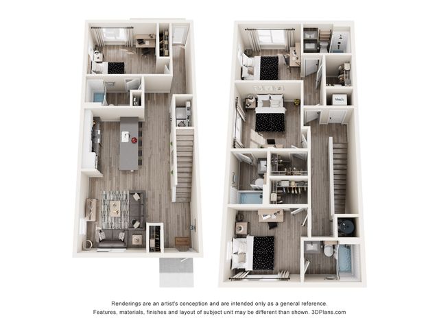 Modern 3D floor plan showcasing a well-designed two-level apartment with 4 bedrooms, open-concept kitchen, and stylish living area.