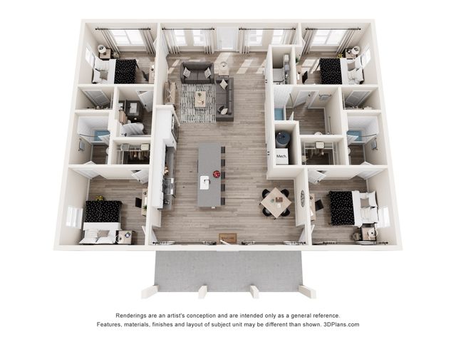 Modern apartment 3D floor plan showcasing 4 cozy bedrooms, a spacious living area, and a sleek kitchen island, complete with contemporary furnishings and elegant design.