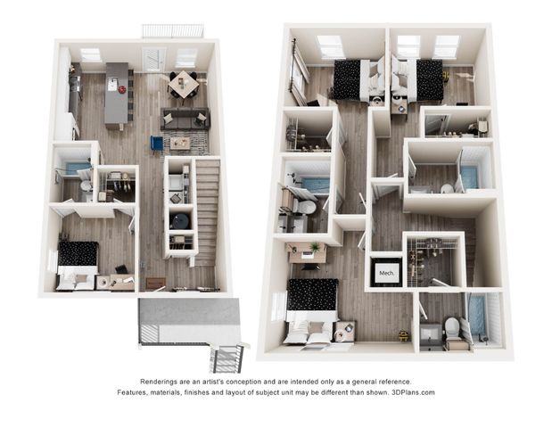 Modern 3D floor plan showcasing a stylish four-bedroom apartment with an open living area, sleek kitchen, and multiple bathrooms, optimized for comfort and functionality.