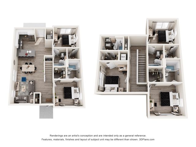 Modern two-story floor plan featuring 5 bedrooms, airy open-concept kitchen and dining area, cozy living room, and two sleek bathrooms.