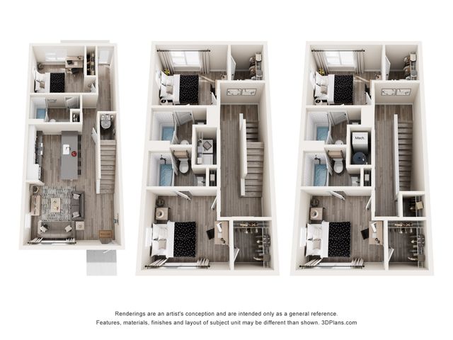 Elegant 3D floor plan layout with three levels, showcasing modern open-concept living and dining area, stylish kitchen, and multiple cozy bedrooms.