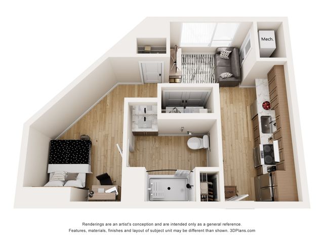 Modern 3D floor plan featuring a single cozy bedroom, sleek bathroom, stylish kitchen, and inviting living area, perfect for urban living.