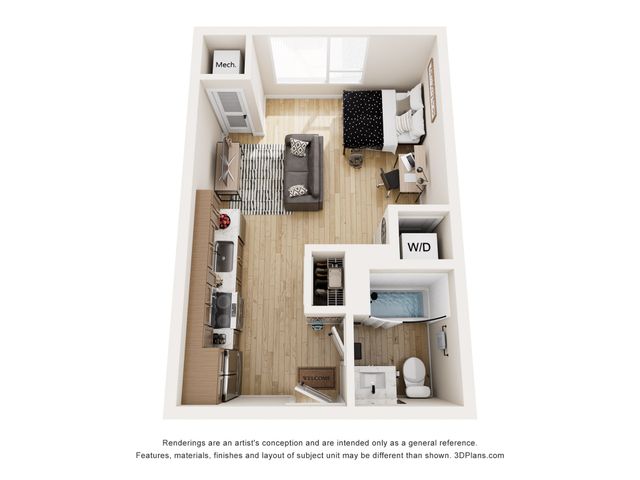 Modern studio apartment floor plan featuring a cozy bedroom, stylish living area, sleek kitchen, and compact bathroom; includes in-unit washer/dryer.