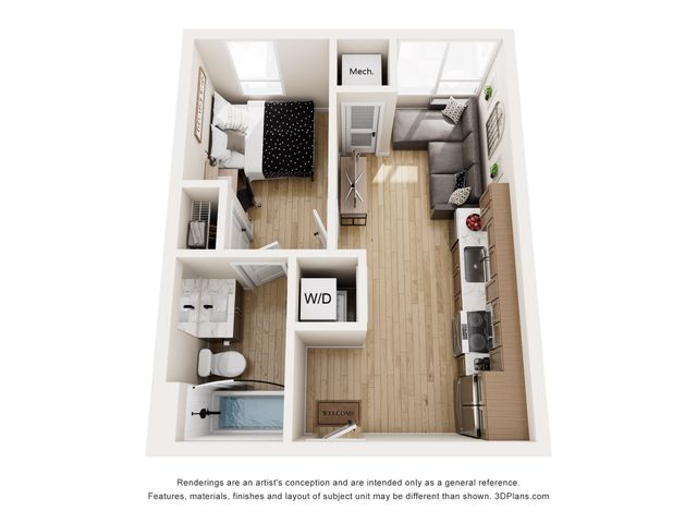 Chic 3D floor plan of a cozy 1 bedroom apartment featuring a modern kitchen, inviting living area, and stylish bedroom. Ideal for urban living.