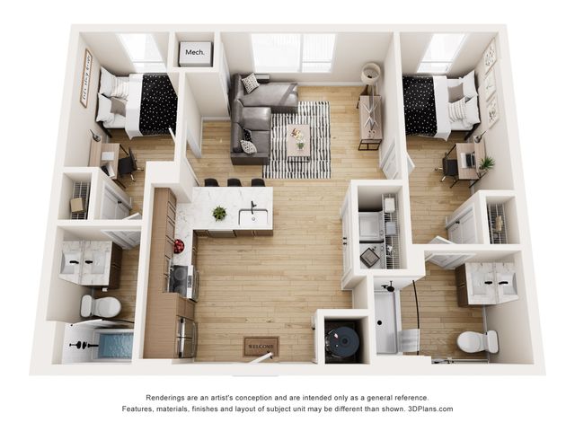 Cozy 2-bedroom apartment floor plan with open living space, modern kitchen, and two stylish bathrooms.