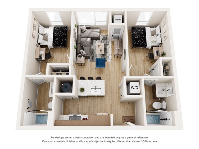 Modern 3D floor plan showcasing a cozy 2-bedroom apartment with an open-concept living and dining area, stylish kitchen, and in-unit laundry.