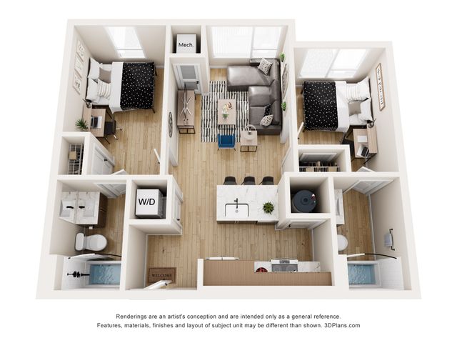 Modern 3D floor plan featuring two cozy bedrooms, a chic living area with natural light, a contemporary kitchen with a breakfast bar, and a sleek bathroom layout.