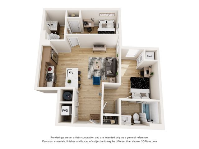 Modern 3D floor plan showcasing 2 bedrooms, an inviting open-concept living area, stylish kitchen with island, and cozy workspace. Ideal for comfortable living.