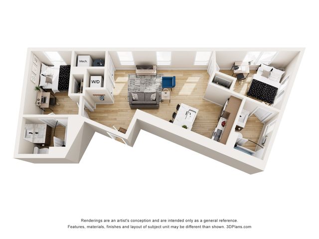 Modern 3D floor plan showcasing 2 bedrooms, open living and dining area, and a sleek kitchen. Includes a compact yet functional bathroom and dedicated workspace.