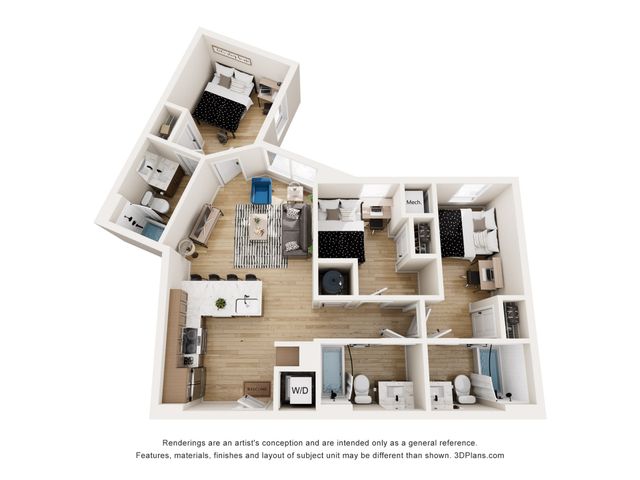 Modern 3D floor plan showcasing 3 bedrooms, a stylish open-concept living and dining area, and a sleek kitchen.