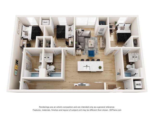 Elegant 3D floor plan showcasing 3 bedrooms, a chic open-concept living area, and a modern kitchen with an island.