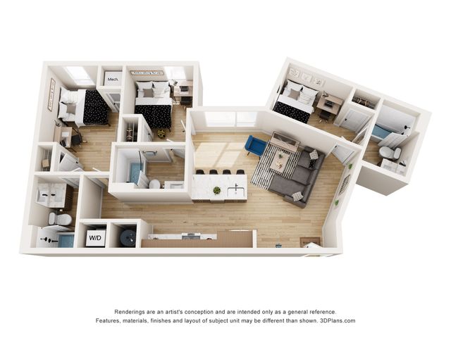 Modern 3D floor plan showcasing a stylish 3-bedroom apartment with an open-concept living area, sleek kitchen with island, and two bathrooms.