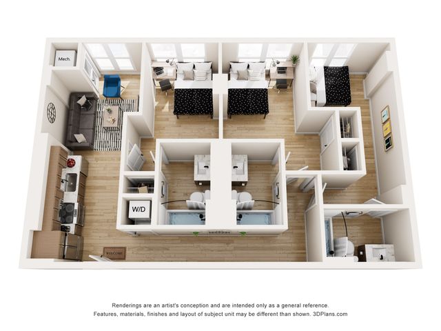 Contemporary 3D floor plan showcasing a stylish 3-bedroom apartment with a cozy living room, modern kitchen, and double bathrooms.