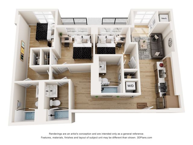 Modern floor plan showcasing a bright 3-bedroom apartment with open-concept kitchen and cozy living room, featuring hardwood floors and ample natural light.