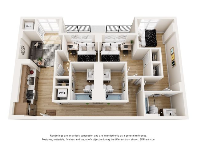 Modern 3D floor plan showcasing 3 bedrooms, a cozy living area, sleek kitchen, and private balcony, perfect for stylish urban living.