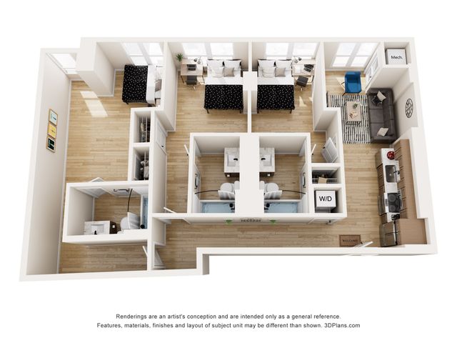 Elegant 3D floor plan showcasing 3 spacious bedrooms, a modern kitchen, cozy living room, and convenient laundry area, set on attractive hardwood flooring.