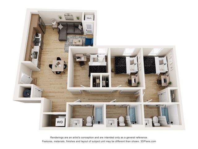 Elegant 3D floor plan showcasing a modern apartment with 3 bedrooms, stylish open kitchen, cozy living area, and dual bathrooms.