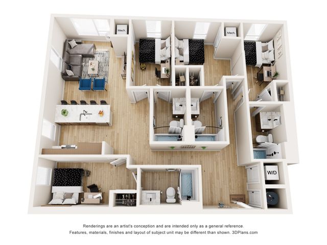 Modern and spacious 3D floor plan showcasing 4 bedrooms, open-concept living and dining area, elegant kitchen with island seating, and convenient laundry room.