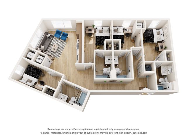 Modern 3D floor plan showcasing 4 bedrooms, 4 bathrooms, a spacious open living area, and a sleek kitchen with hardwood floors.