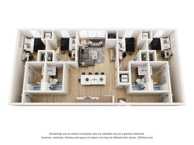 Modern floor plan showcasing a spacious open-concept living area with 4 elegantly designed bedrooms, stylish kitchen, and 4 luxurious bathrooms.