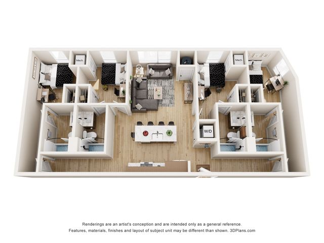 Contemporary 3D floor plan showcasing a spacious 4-bedroom apartment with open-plan living and dining area, 4 modern bathrooms, and ample storage space.