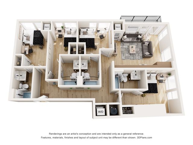 Contemporary floor plan showcasing 4 bedrooms, integrated living and dining area, stylish kitchen, and 4 modern bathrooms, perfect for comfortable living.